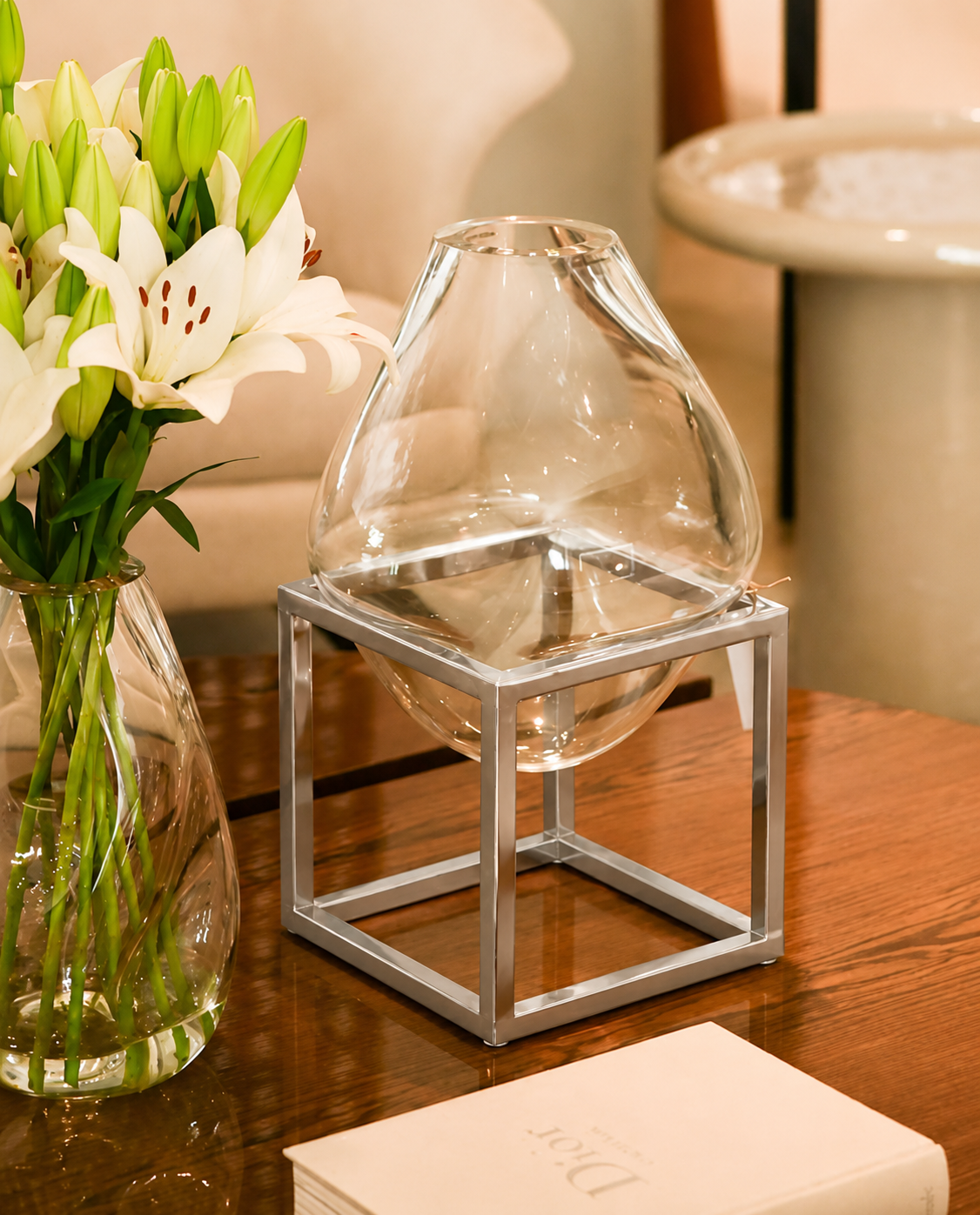 Vaso em Cristal Soprado Artesanal com Cubo em Inox