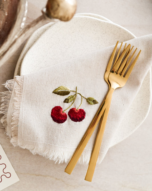 Guardanapo em Linho Rústico com Bordado Cerejas - prazo 20 dias
