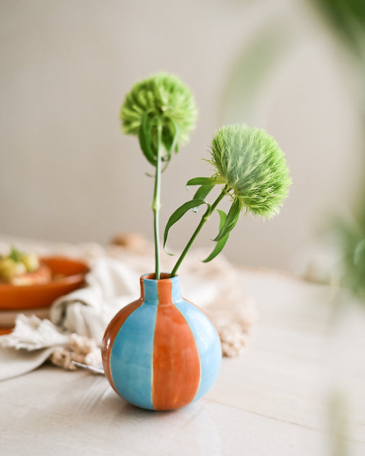 Mini Vaso Bolinha em Cerâmica Azul e Marrom