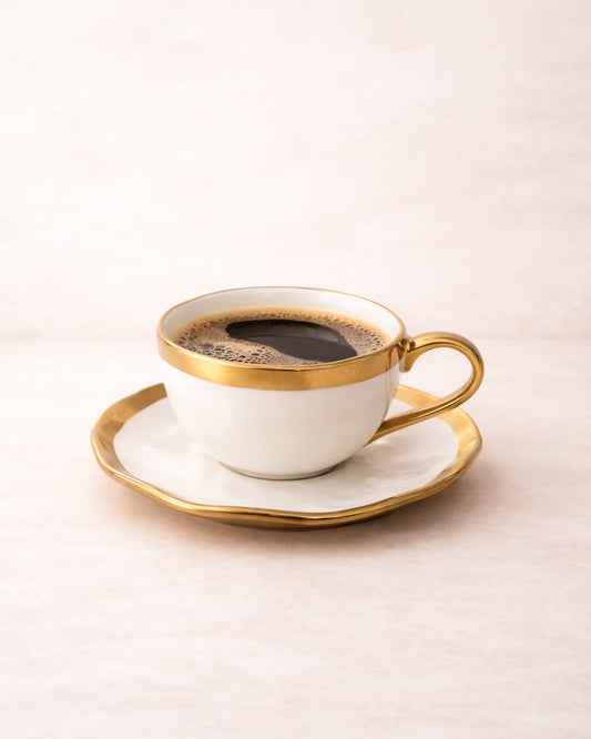 Xícara em Porcelana Off White e Dourado